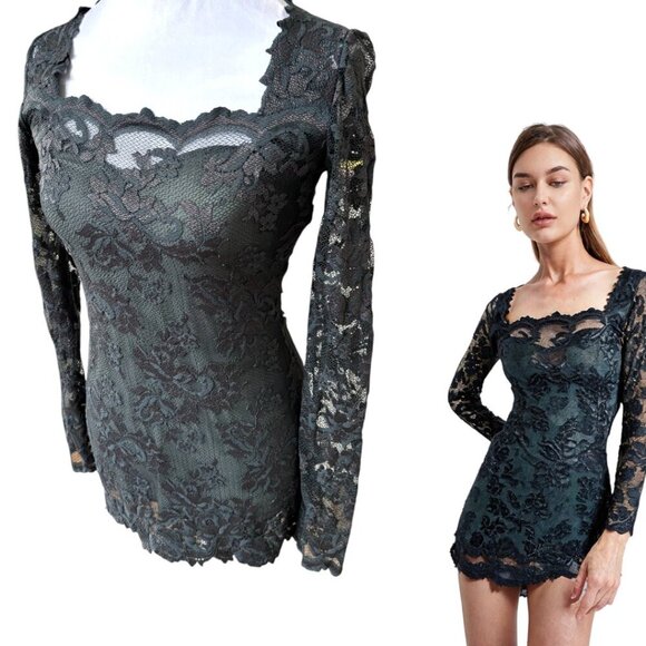 OLVI'S THE LACE COLLECTION LONG SLEEVE GRAY LACE MINI BODY CON DRESS US 2-4 - Picture 2 of 6